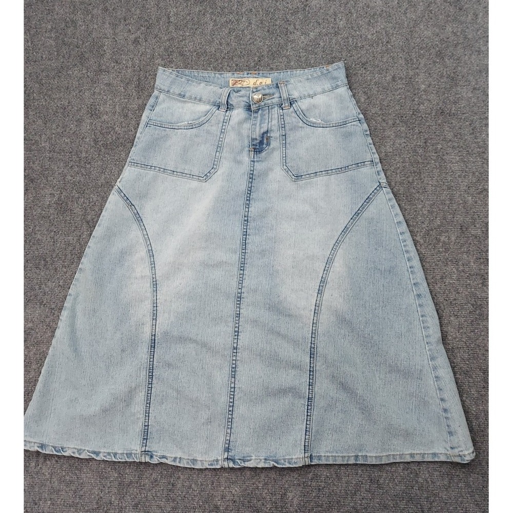 Vtg 80s LEI Denim Skirt 9/10‎ Blue Light Wash A Line Western Embroidered Flap